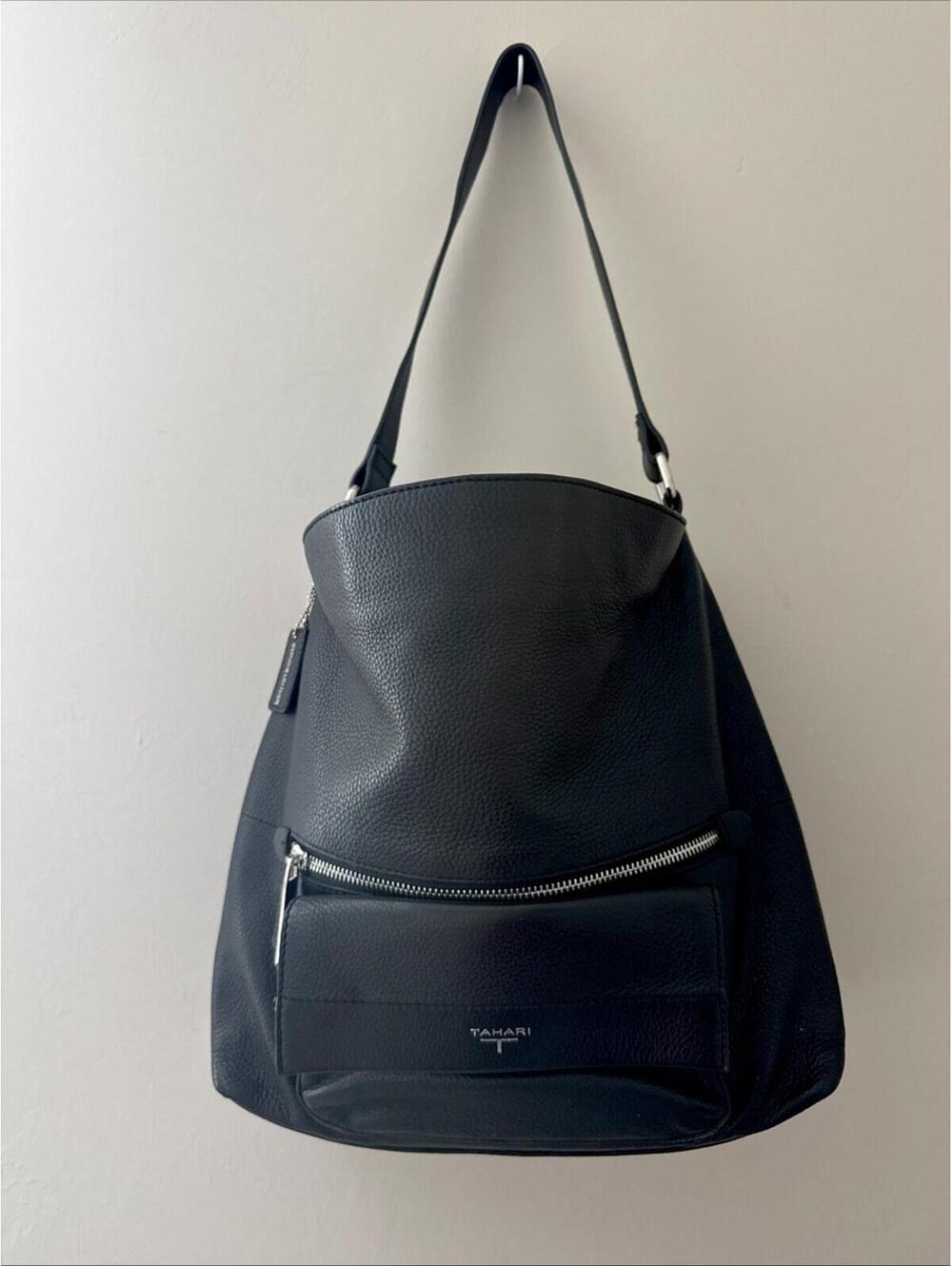 Tahari  Women’s Large Black Pebbled Leather Shoulderbag With Zip & Front Pocket